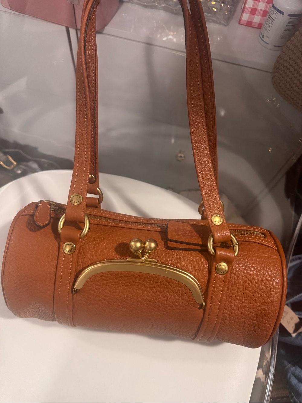 Coach Kisslock Barrel 28 Shoulder Bag in Amber Brown